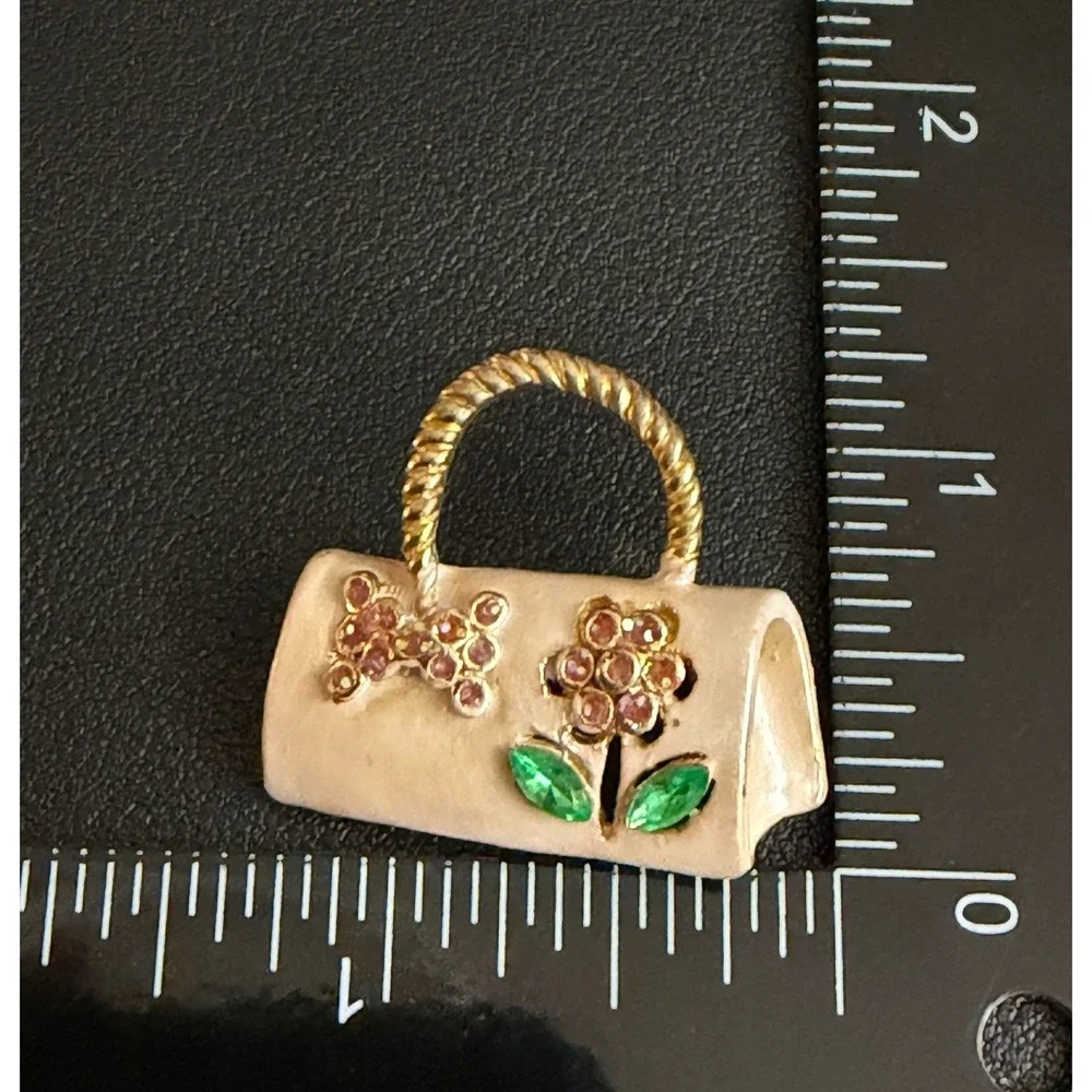 Rhinestone Handbag Brooch Enamel Gold Tone Foral